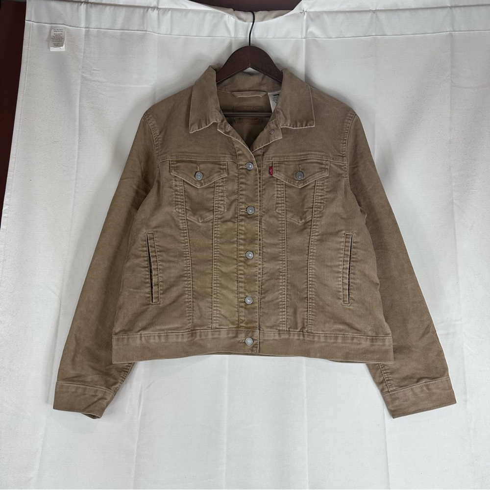 LEVI’S Women’s Size 1X Jacket Coat Corduroy Trucker Style Red Tab Stretch Tan - Picture 2 of 16